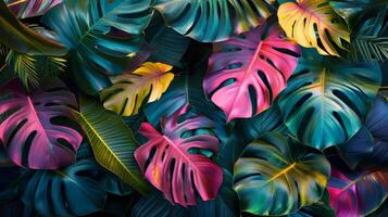 A colorful image of tropical plants with large leaves in various shades of green, pink, and yellow photo