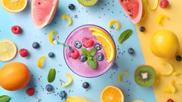 Bold and colorful poster design with a spinning plate of smoothie photo