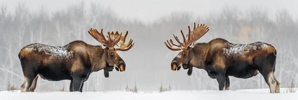 two adult horned male moose elk fight with horns in winter in snowy field against forest background closeup photo