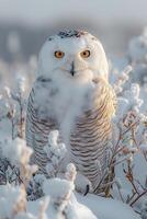 polar white snowy owl in snow in winter field in nature photo