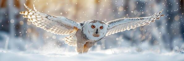 polar white snowy owl flying in winter over field at sunny day close-up photo