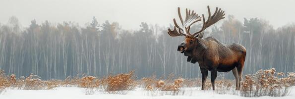 Male horned moose in a field with snow in winter on forest background close-up photo