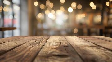 Empty wooden table top with blurred background for product display presentation photo