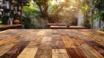 Empty wooden table top with blurred background for product display presentation photo