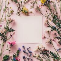 Square blank card surrounded by pastel colored flowers on a light pink background in a top view photo