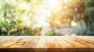 Empty wooden table top with blurred background for product display presentation photo