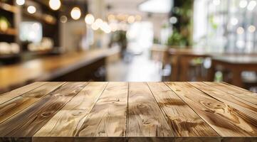 Empty wooden table top with blurred background for product display presentation photo