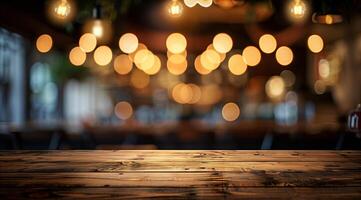 Empty wooden table top with blurred background for product display presentation photo