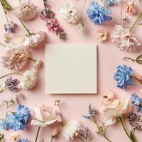 Square blank card surrounded by pastel colored flowers on a light pink background in a top view photo