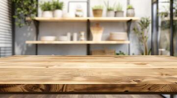 Empty wooden table top with blurred background for product display presentation photo