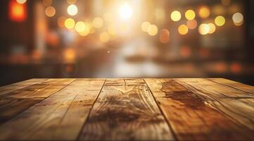 Empty wooden table top with blurred background for product display presentation photo