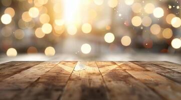 Empty wooden table top with blurred background for product display presentation photo
