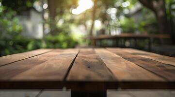 Empty wooden table top with blurred background for product display presentation photo