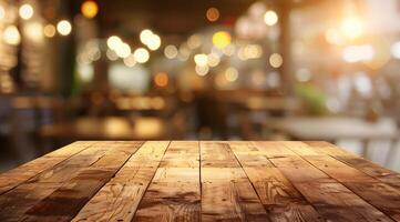 Empty wooden table top with blurred background for product display presentation photo