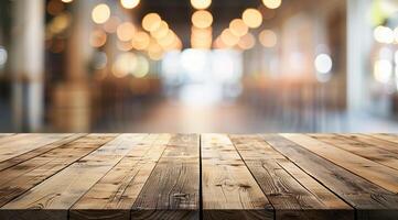 Empty wooden table top with blurred background for product display presentation photo