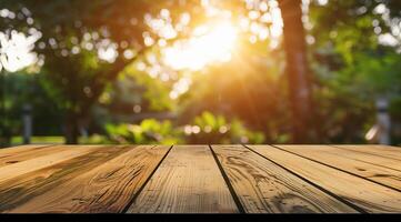 Empty wooden table top with blurred background for product display presentation photo
