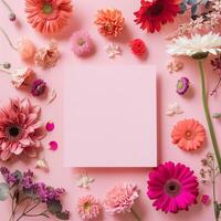 Square blank card surrounded by pastel colored flowers on a light pink background in a top view photo