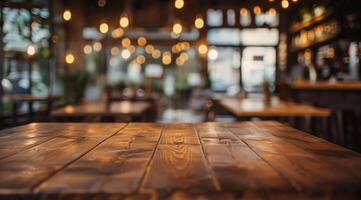 Empty wooden table top with blurred background for product display presentation photo