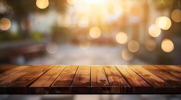 Empty wooden table top with blurred background for product display presentation photo