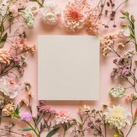 Square blank card surrounded by pastel colored flowers on a light pink background in a top view photo