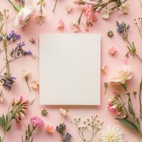 Square blank card surrounded by pastel colored flowers on a light pink background in a top view photo