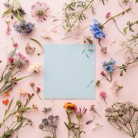 Square blank card surrounded by pastel colored flowers on a light pink background in a top view photo