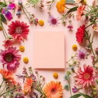 Square blank card surrounded by pastel colored flowers on a light pink background in a top view photo