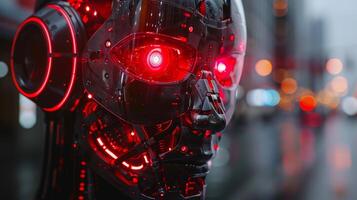 futuristic robot with glowing red eyes photo