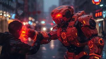 futuristic robot with glowing red eyes photo