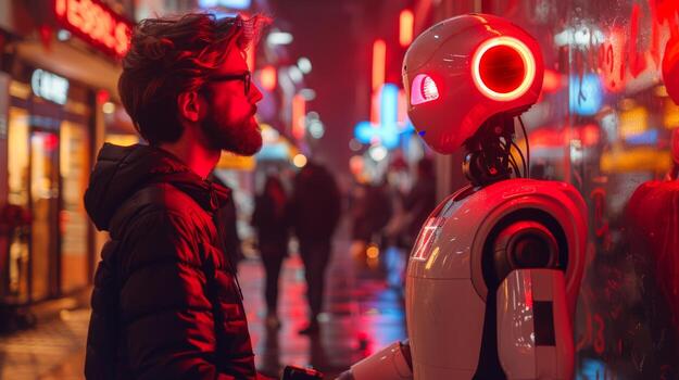 futuristic robot with glowing red eyes photo