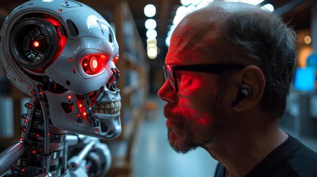 futuristic robot with glowing red eyes photo