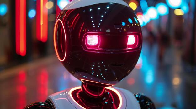 futuristic robot with glowing red eyes photo