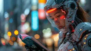 futuristic robot with glowing red eyes photo
