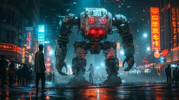 futuristic robot with glowing red eyes photo