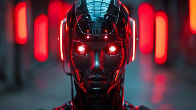 futuristic robot with glowing red eyes photo