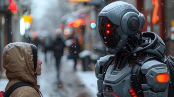 futuristic robot with glowing red eyes photo