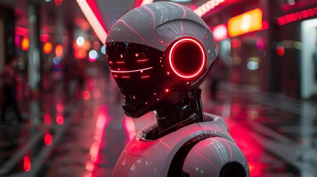 futuristic robot with glowing red eyes photo
