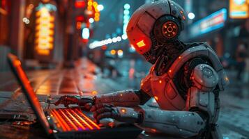 futuristic robot with glowing red eyes photo