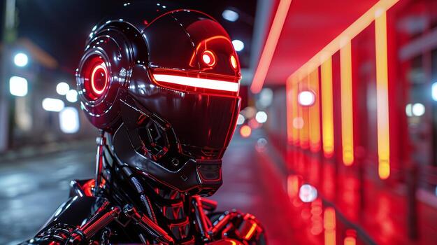futuristic robot with glowing red eyes photo