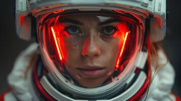 futuristic robot with glowing red eyes photo