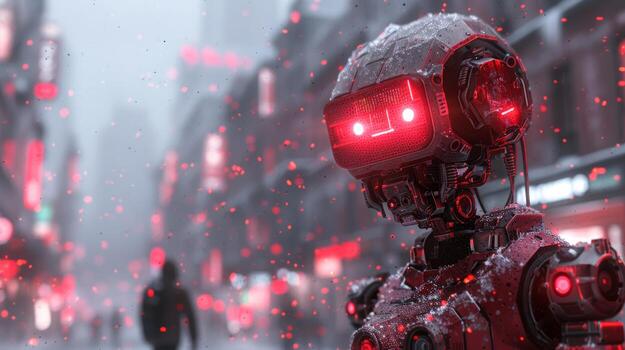 futuristic robot with glowing red eyes photo
