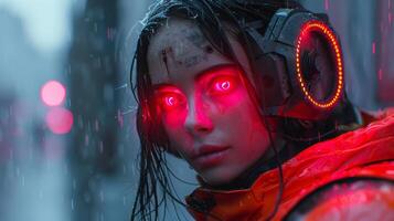 futuristic robot with glowing red eyes photo