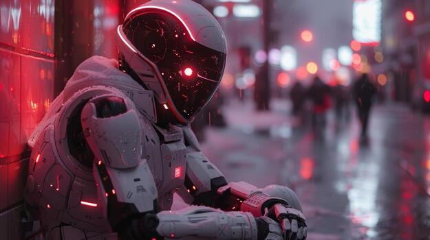 futuristic robot with glowing red eyes photo