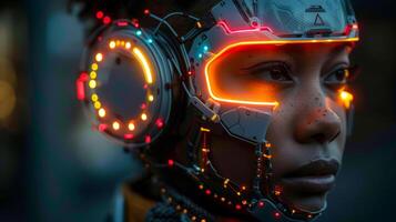 futuristic robot with glowing red eyes photo