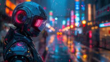 futuristic robot with glowing red eyes photo