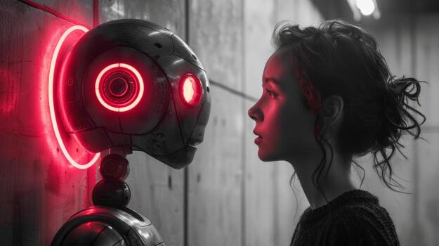 futuristic robot with glowing red eyes photo