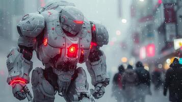 futuristic robot with glowing red eyes photo