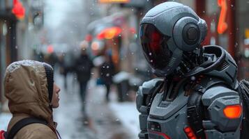 futuristic robot with glowing red eyes photo