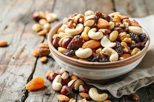 Bowl of mixed nuts and dried fruits, a nutritious and satisfying snack photo