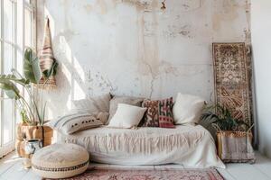 Bohemian-inspired eclectic decor against a soft transparent white surface, ideal for eclectic designs photo